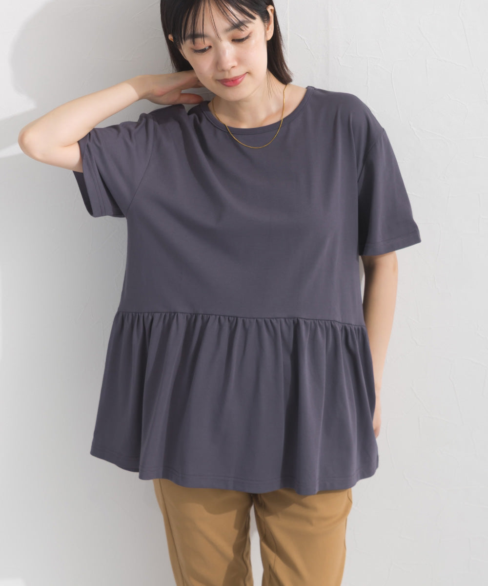【OMNES】プレーティング天竺 切替ギャザーペプラム 半袖Tシャツ UVカット付【S450108OMN】