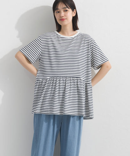 【OMNES】プレーティング天竺 切替ギャザーペプラム 半袖Tシャツ UVカット付【S450108OMN】