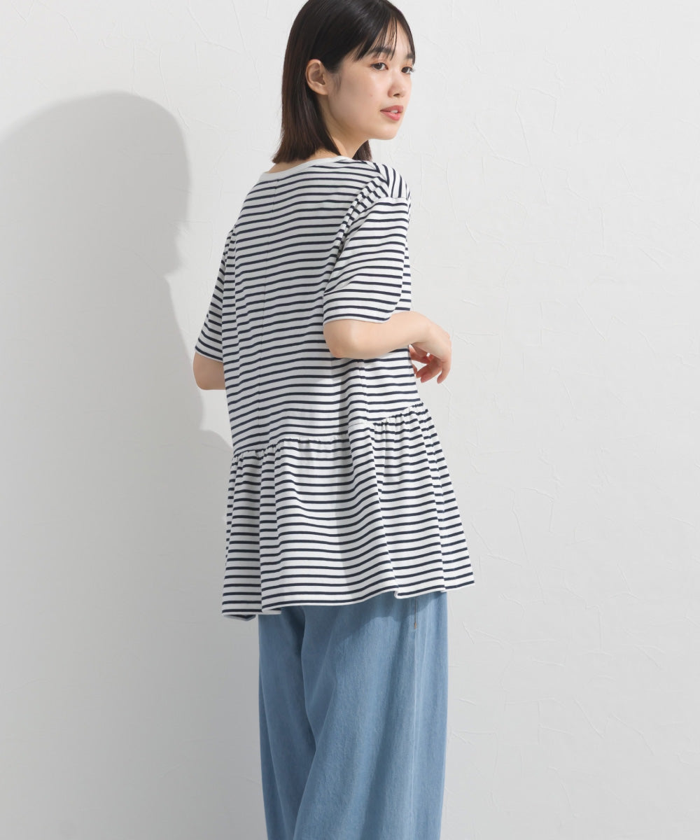 【OMNES】プレーティング天竺 切替ギャザーペプラム 半袖Tシャツ UVカット付【S450108OMN】