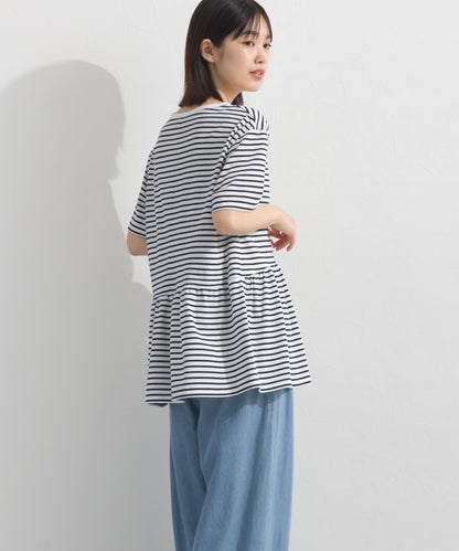 【OMNES】プレーティング天竺 切替ギャザーペプラム 半袖Tシャツ UVカット付【S450108OMN】