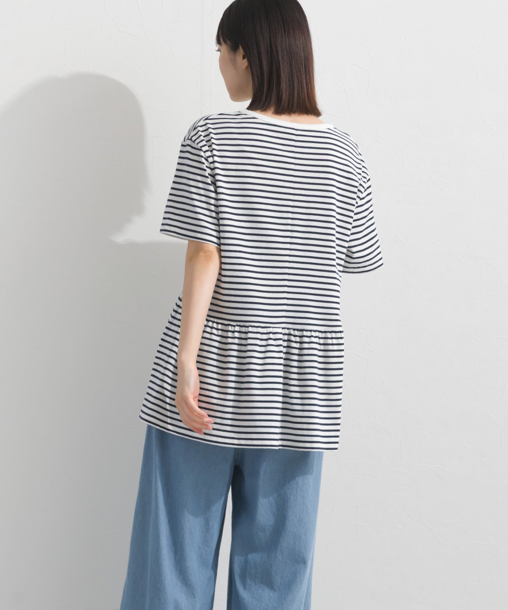 【OMNES】プレーティング天竺 切替ギャザーペプラム 半袖Tシャツ UVカット付【S450108OMN】