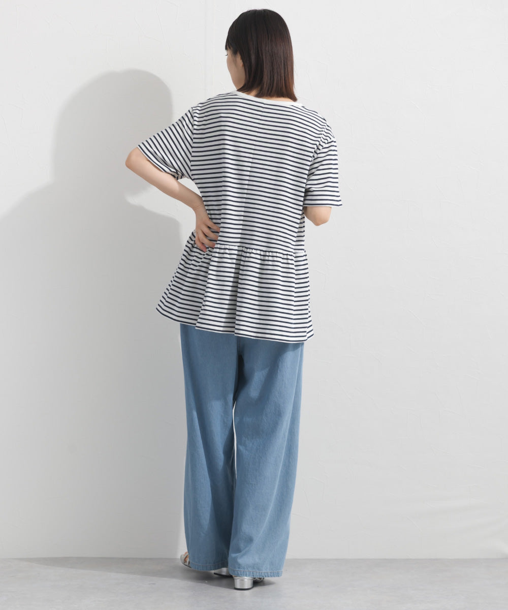 【OMNES】プレーティング天竺 切替ギャザーペプラム 半袖Tシャツ UVカット付【S450108OMN】