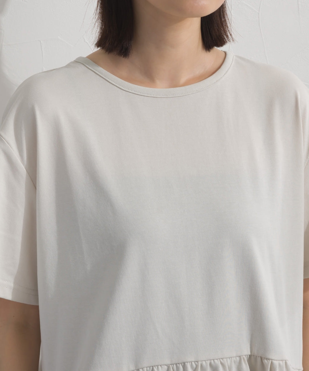 【OMNES】プレーティング天竺 切替ギャザーペプラム 半袖Tシャツ UVカット付【S450108OMN】