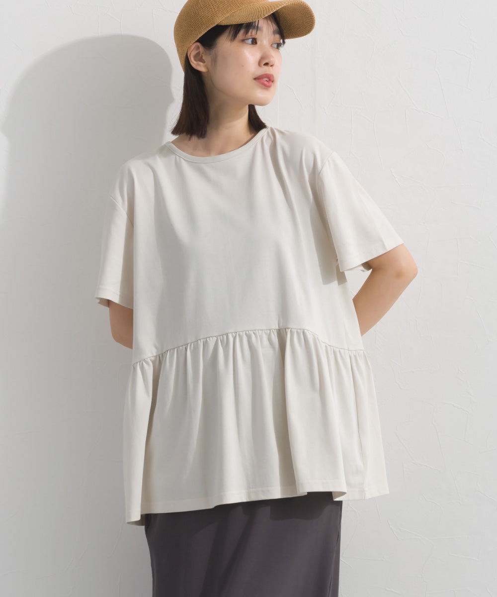 【OMNES】プレーティング天竺 切替ギャザーペプラム 半袖Tシャツ UVカット付【S450108OMN】