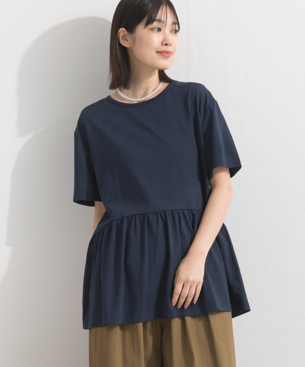 【OMNES】プレーティング天竺 切替ギャザーペプラム 半袖Tシャツ UVカット付【S450108OMN】