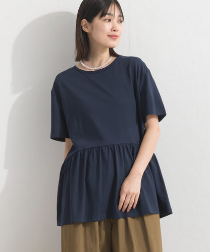 【OMNES】プレーティング天竺 切替ギャザーペプラム 半袖Tシャツ UVカット付【S450108OMN】