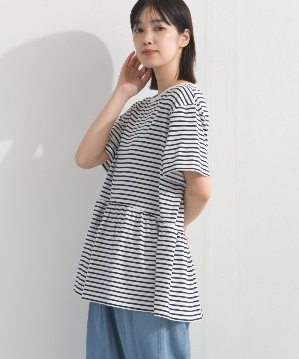【OMNES】プレーティング天竺 切替ギャザーペプラム 半袖Tシャツ UVカット付【S450108OMN】