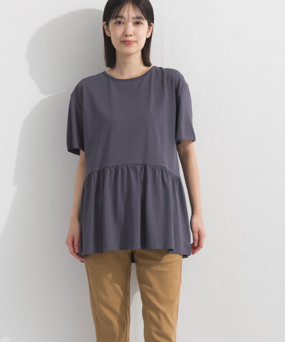 【OMNES】プレーティング天竺 切替ギャザーペプラム 半袖Tシャツ UVカット付【S450108OMN】