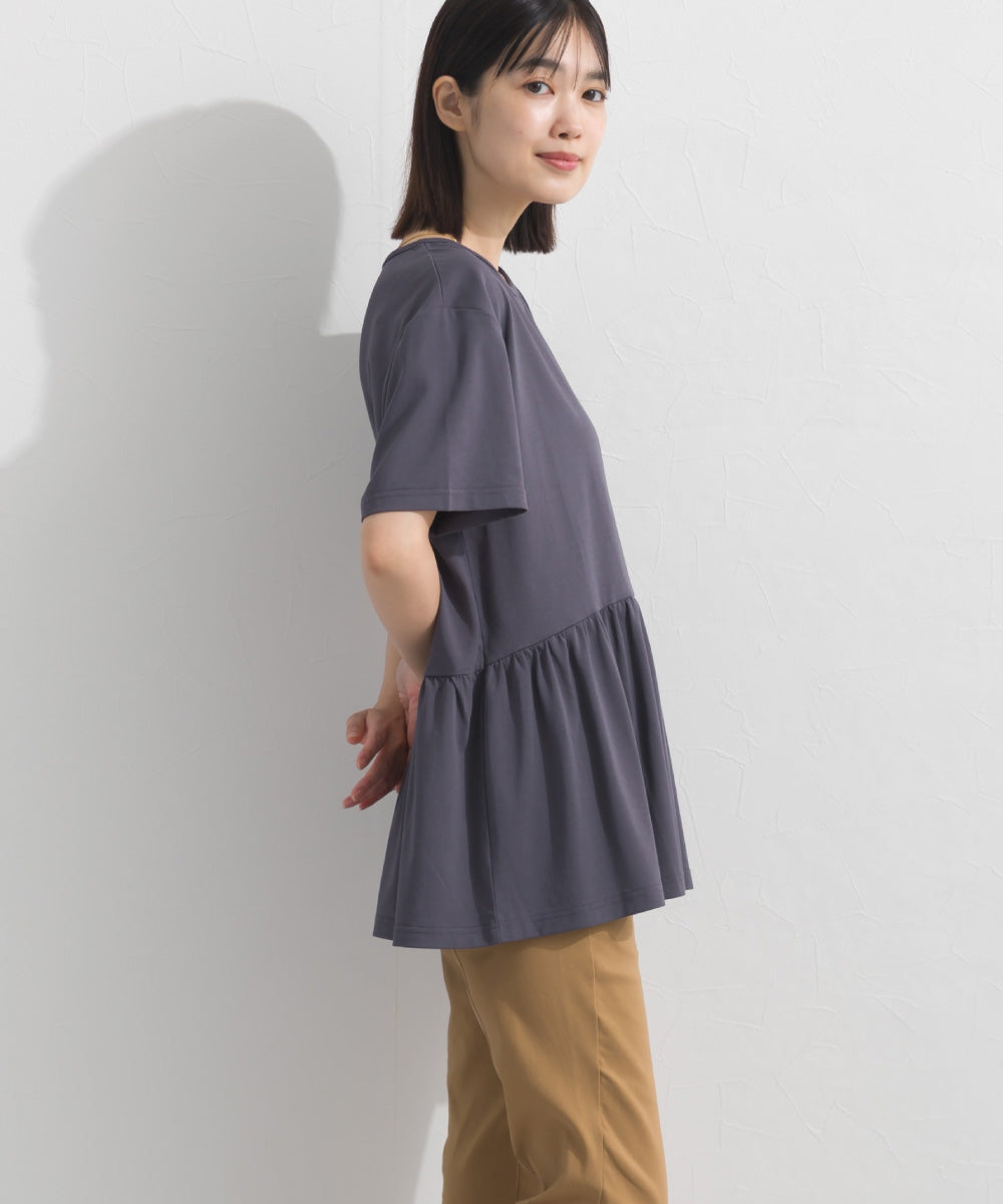 【OMNES】プレーティング天竺 切替ギャザーペプラム 半袖Tシャツ UVカット付【S450108OMN】