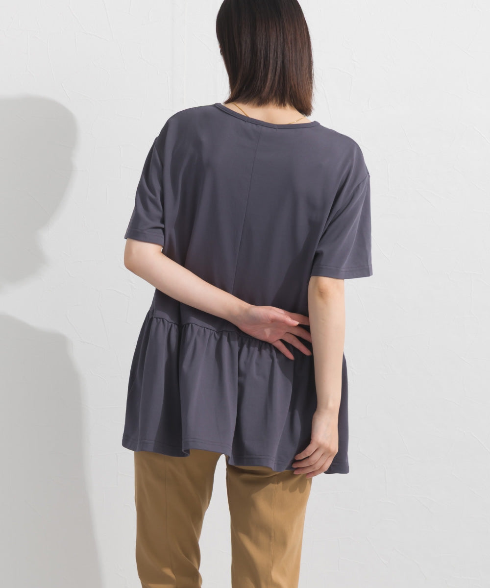 【OMNES】プレーティング天竺 切替ギャザーペプラム 半袖Tシャツ UVカット付【S450108OMN】