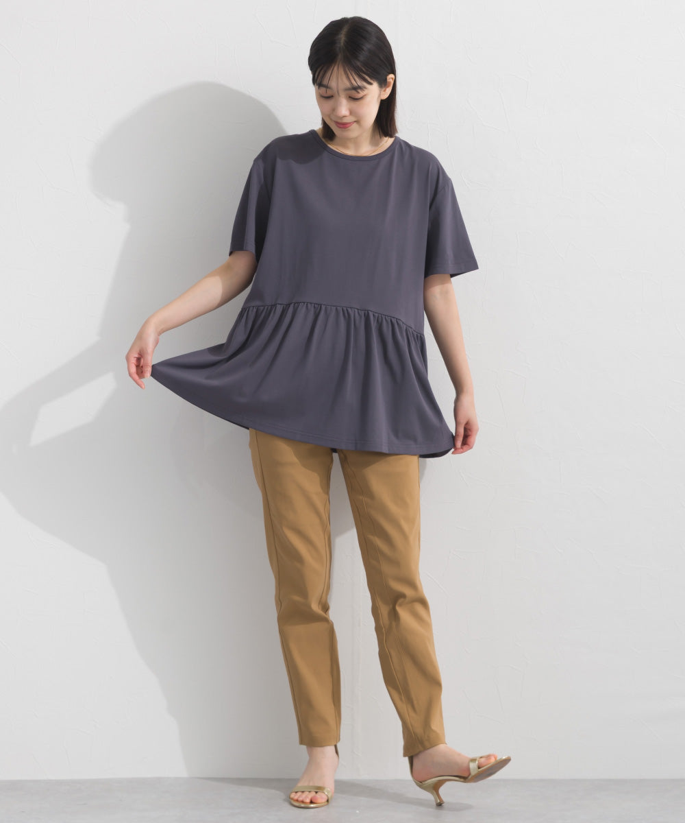【OMNES】プレーティング天竺 切替ギャザーペプラム 半袖Tシャツ UVカット付【S450108OMN】