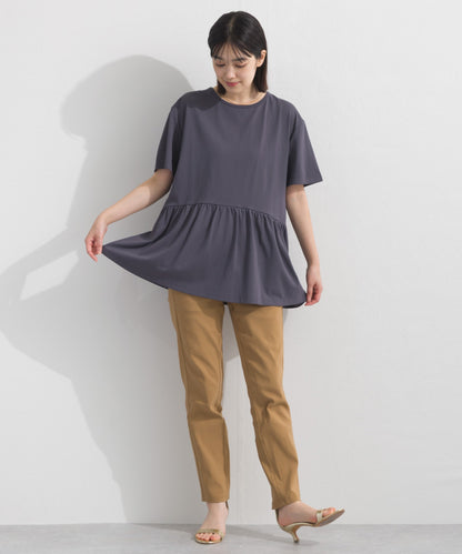 【OMNES】プレーティング天竺 切替ギャザーペプラム 半袖Tシャツ UVカット付【S450108OMN】