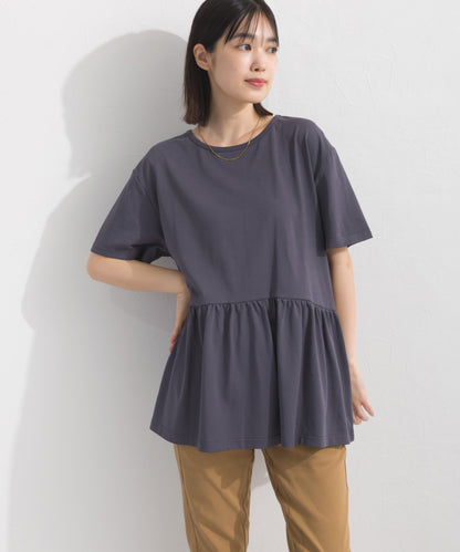 【OMNES】プレーティング天竺 切替ギャザーペプラム 半袖Tシャツ UVカット付【S450108OMN】
