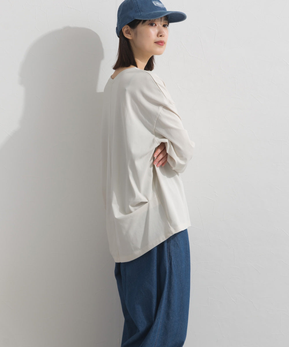 【OMNES】プレーティング天竺 後ろタック コクーンシルエット 長袖Tシャツ UVカット付【S450110OMN】