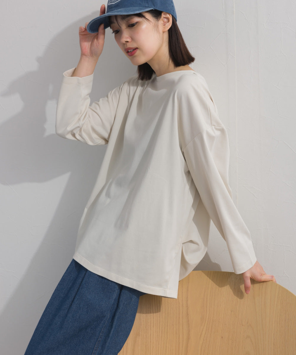 【OMNES】プレーティング天竺 後ろタック コクーンシルエット 長袖Tシャツ UVカット付【S450110OMN】