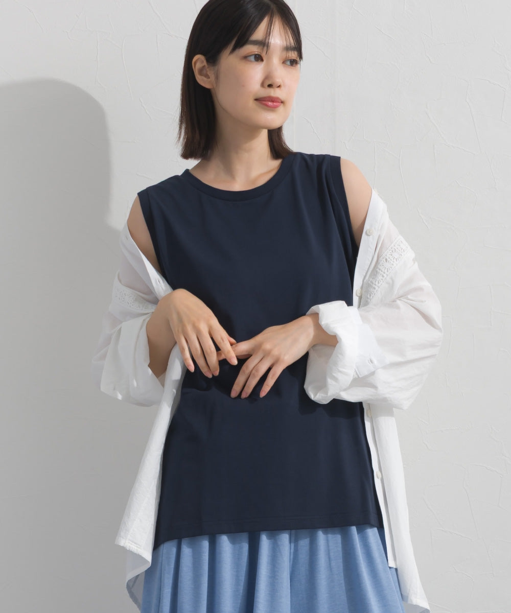 【OMNES】プレーティング天竺 クルーネック ノースリーブTシャツ UVカット付【S450111OMN】