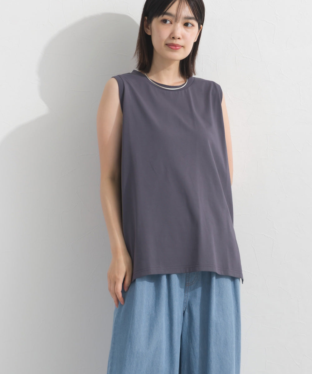 【OMNES】プレーティング天竺 クルーネック ノースリーブTシャツ UVカット付【S450111OMN】