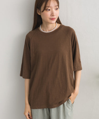 【OMNES】スラブ天竺 ラグラン5分袖Tシャツ UVカット付【S450112OMN】