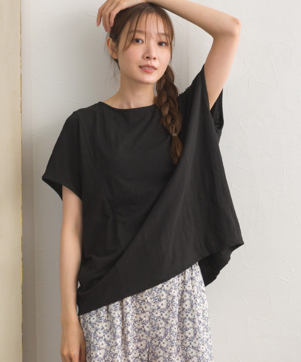 スラブ天竺 バックギャザー 半袖Tシャツ UVカット付【S450113OMN】