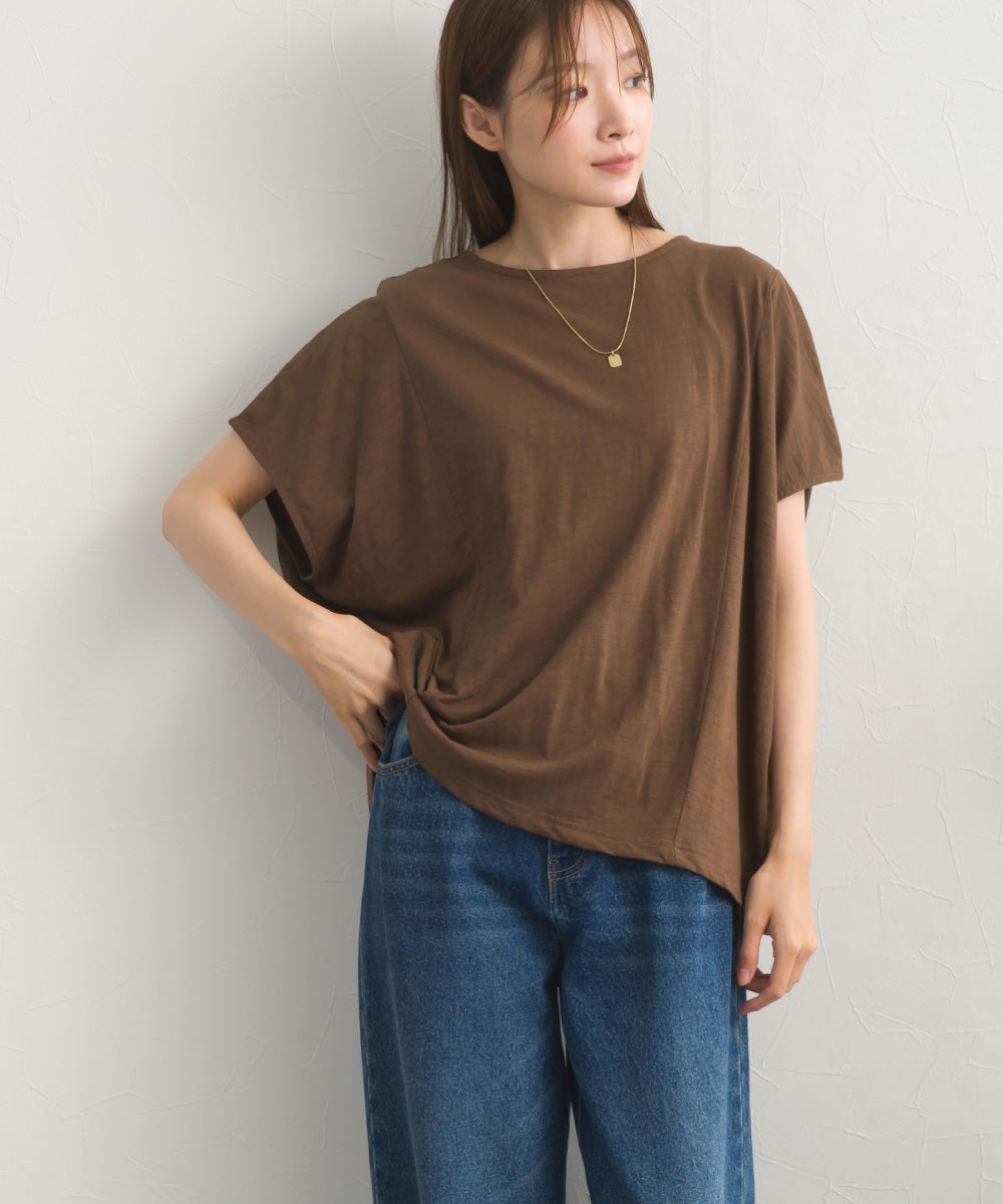 スラブ天竺 バックギャザー 半袖Tシャツ UVカット付【S450113OMN】