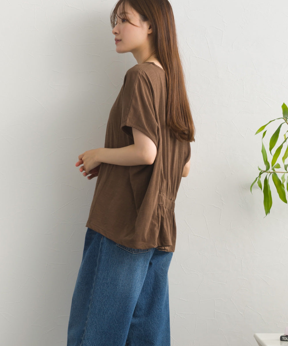 スラブ天竺 バックギャザー 半袖Tシャツ UVカット付【S450113OMN】