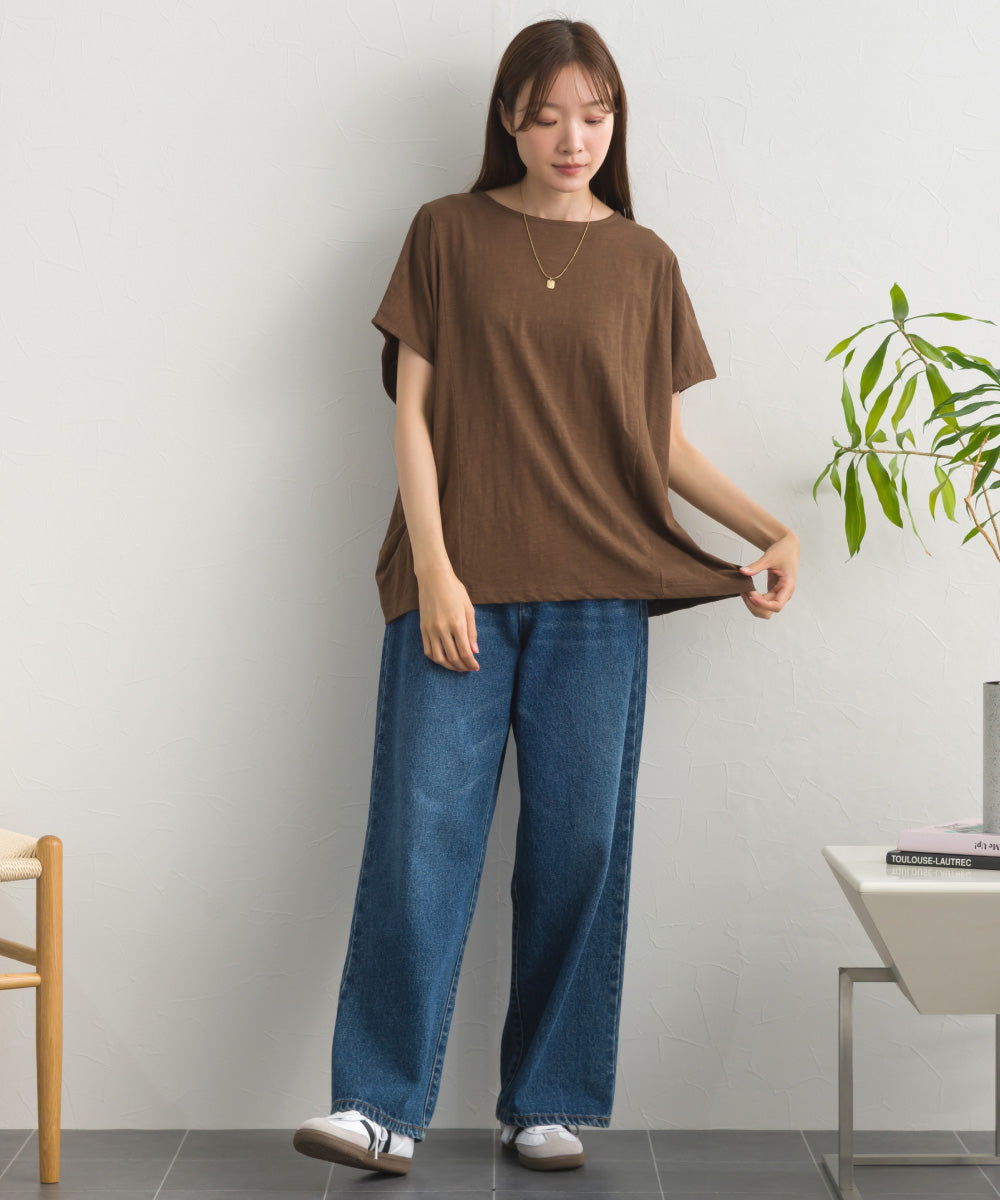 スラブ天竺 バックギャザー 半袖Tシャツ UVカット付【S450113OMN】