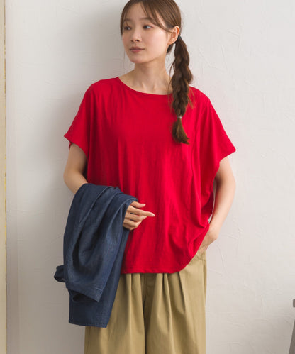 スラブ天竺 バックギャザー 半袖Tシャツ UVカット付【S450113OMN】
