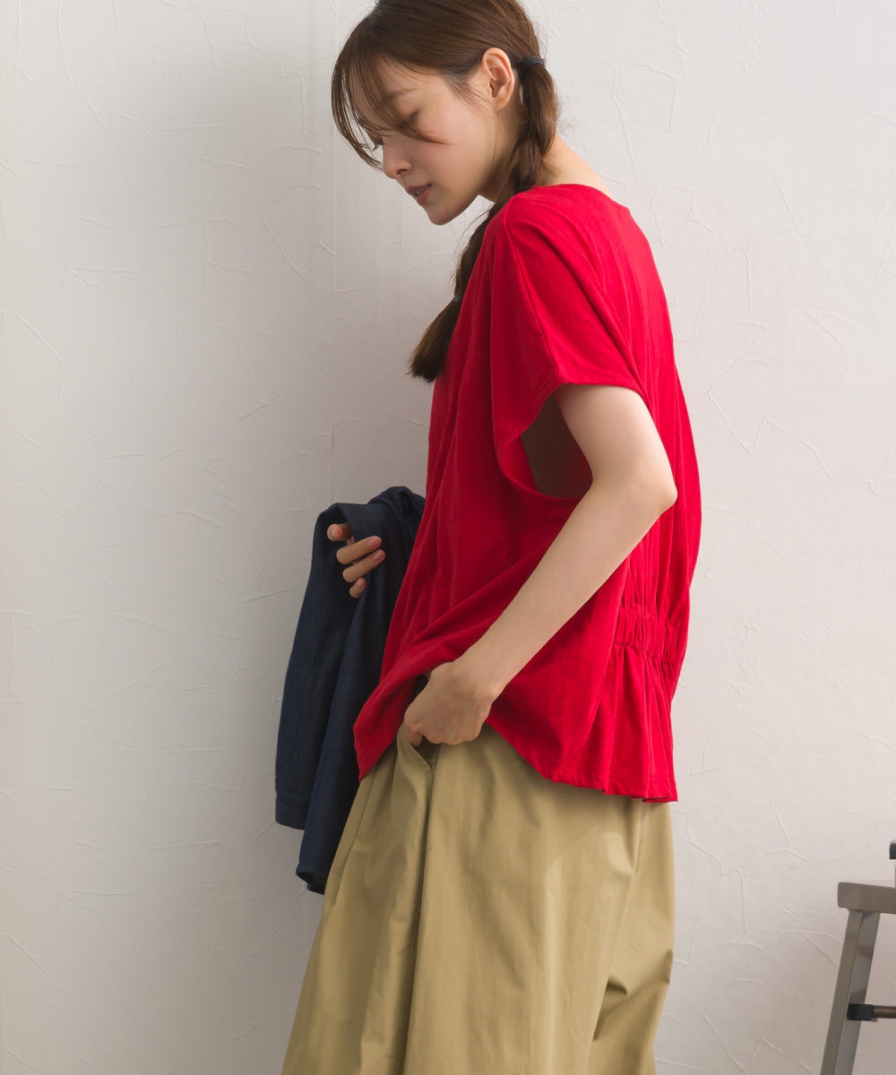 スラブ天竺 バックギャザー 半袖Tシャツ UVカット付【S450113OMN】