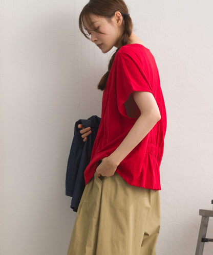 スラブ天竺 バックギャザー 半袖Tシャツ UVカット付【S450113OMN】