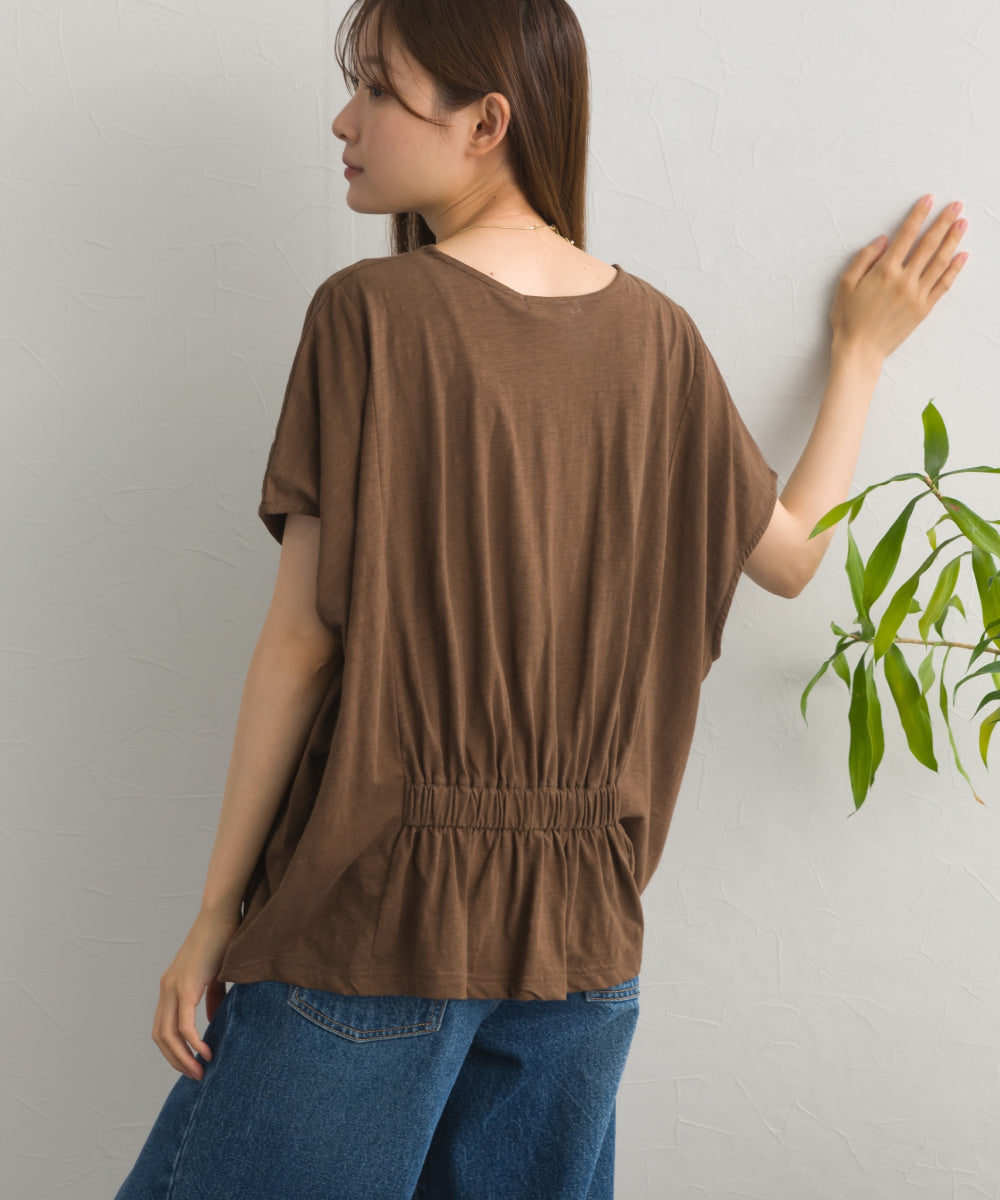 スラブ天竺 バックギャザー 半袖Tシャツ UVカット付【S450113OMN】