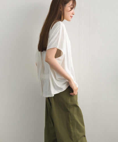 スラブ天竺 バックギャザー 半袖Tシャツ UVカット付【S450113OMN】