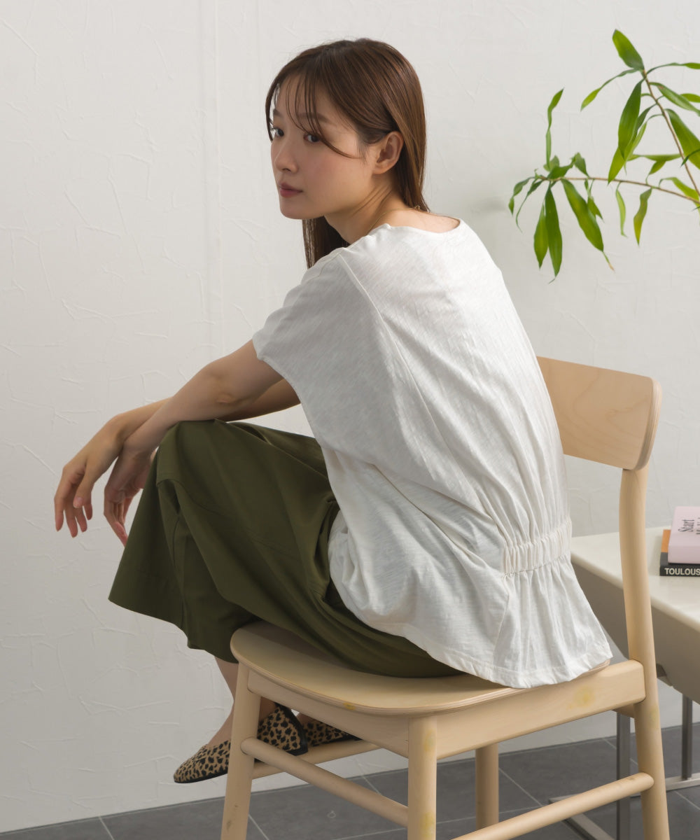 スラブ天竺 バックギャザー 半袖Tシャツ UVカット付【S450113OMN】
