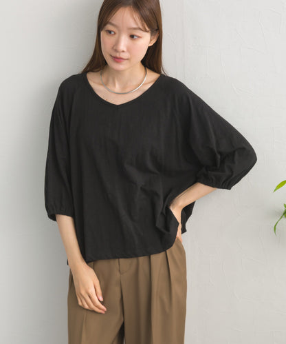 【OMNES】スラブ天竺 ラグランVネック 5分袖Tシャツ UVカット付【S450114OMN】