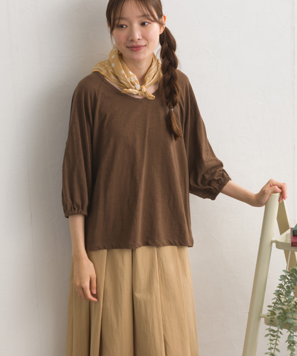 【OMNES】スラブ天竺 ラグランVネック 5分袖Tシャツ UVカット付【S450114OMN】