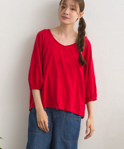 【OMNES】スラブ天竺 ラグランVネック 5分袖Tシャツ UVカット付【S450114OMN】