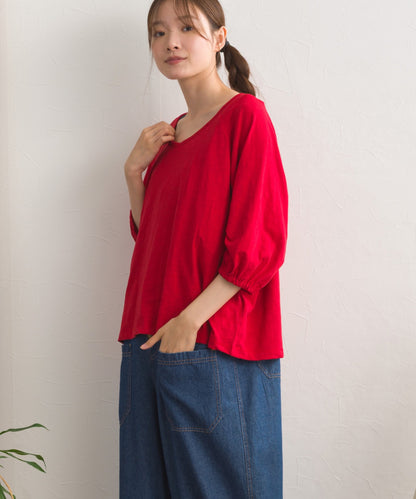 【OMNES】スラブ天竺 ラグランVネック 5分袖Tシャツ UVカット付【S450114OMN】