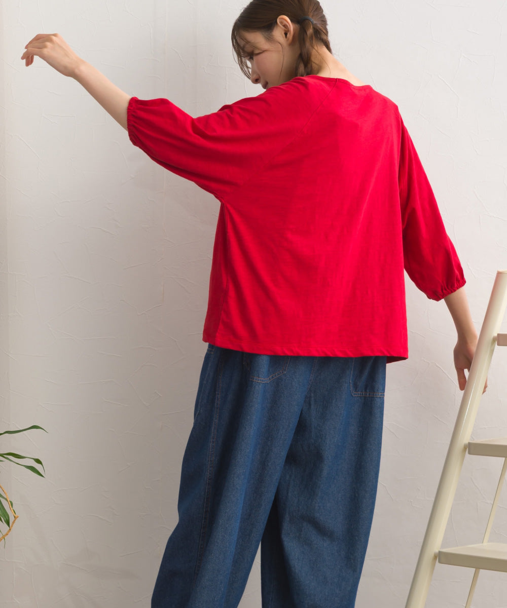 【OMNES】スラブ天竺 ラグランVネック 5分袖Tシャツ UVカット付【S450114OMN】