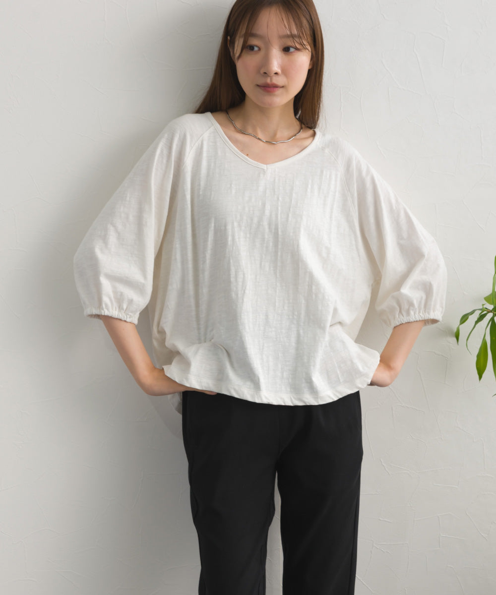 【OMNES】スラブ天竺 ラグランVネック 5分袖Tシャツ UVカット付【S450114OMN】