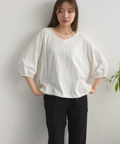 【OMNES】スラブ天竺 ラグランVネック 5分袖Tシャツ UVカット付【S450114OMN】