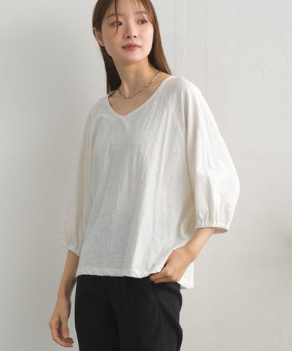 【OMNES】スラブ天竺 ラグランVネック 5分袖Tシャツ UVカット付【S450114OMN】