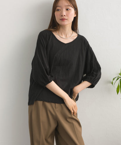 【OMNES】スラブ天竺 ラグランVネック 5分袖Tシャツ UVカット付【S450114OMN】