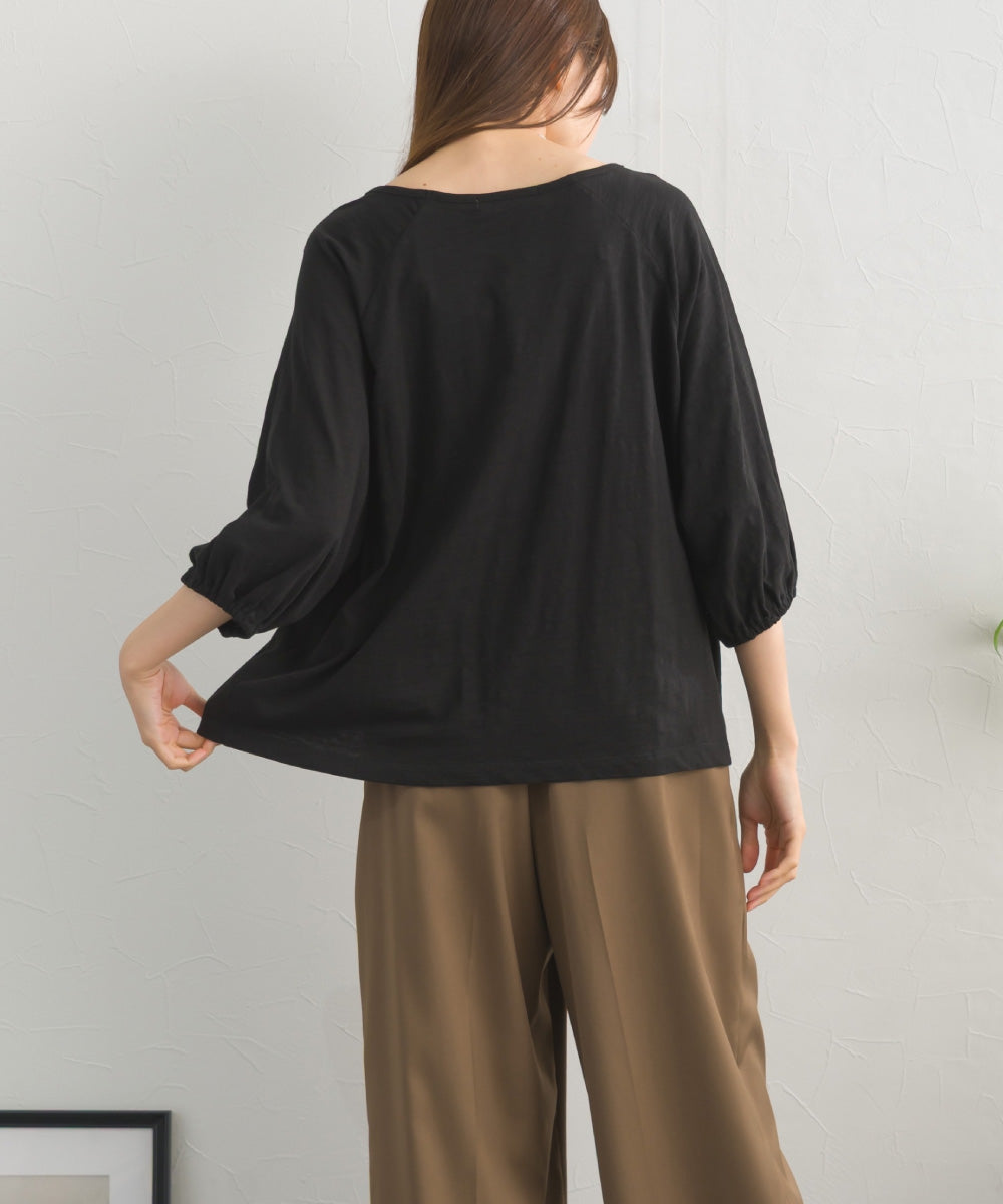 【OMNES】スラブ天竺 ラグランVネック 5分袖Tシャツ UVカット付【S450114OMN】